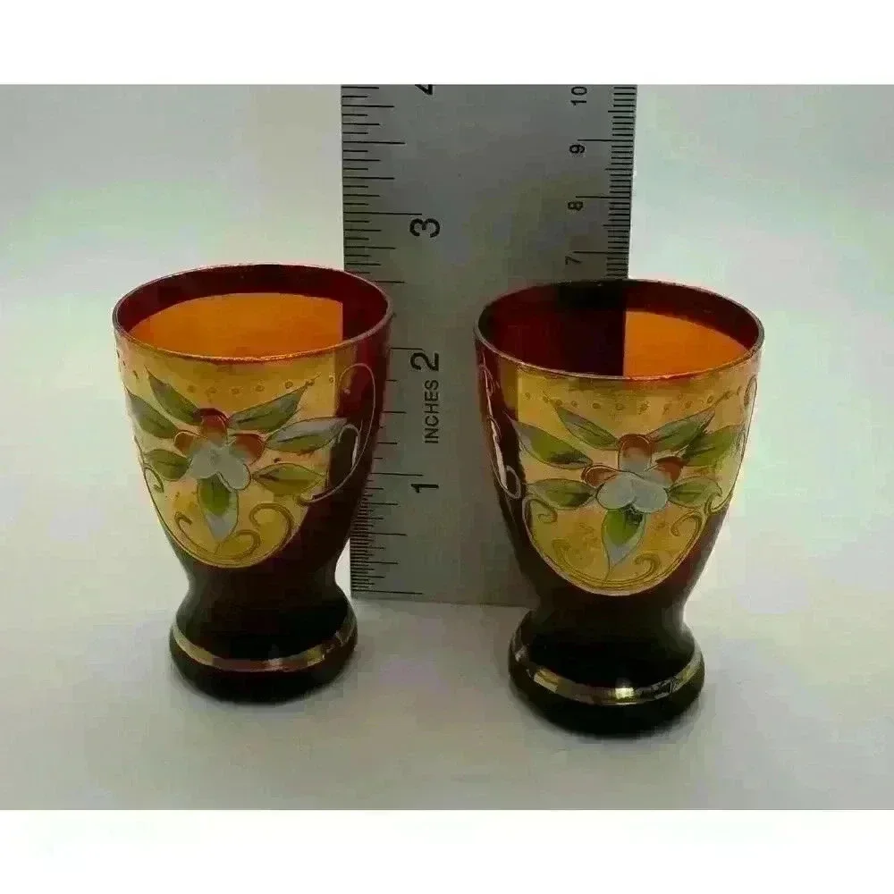 MCM Vintage Cranberry Shot Glasses set of Two Hand Painted Gold Band Beautiful